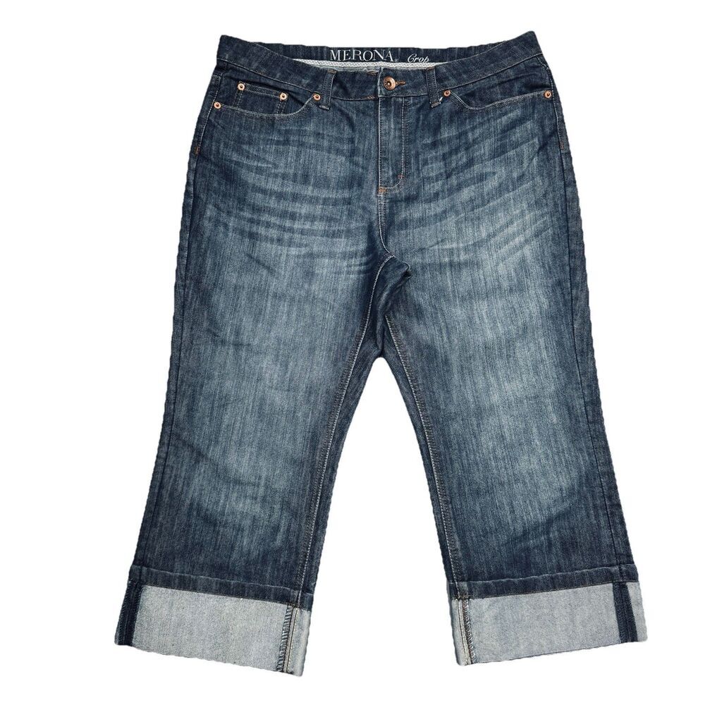 Merona Crop Jeans 14R Fit 1 (35x21) Blue Cuffed High Waist Denim Womens